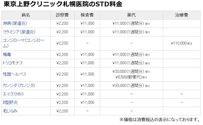 東京上野クリニック札幌の施術費用