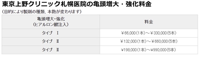 東京上野クリニック札幌の施術費用